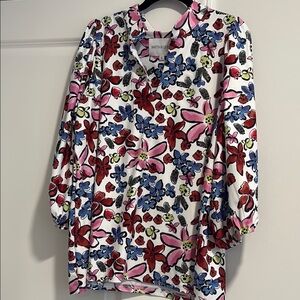 Smith & Quinn White Floral V-Neck Blouse with Pink & Red Flowers